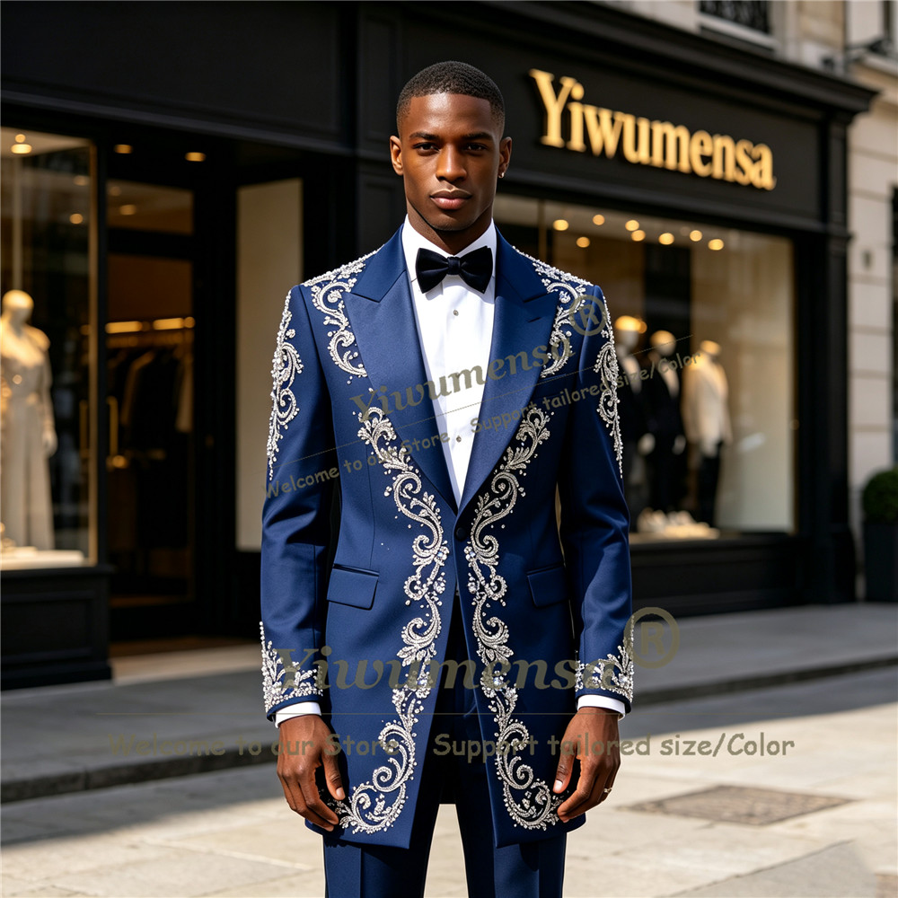 Men'S Formal Wear For A Wedding - Handmade Crystals Beading Suit Men Customized