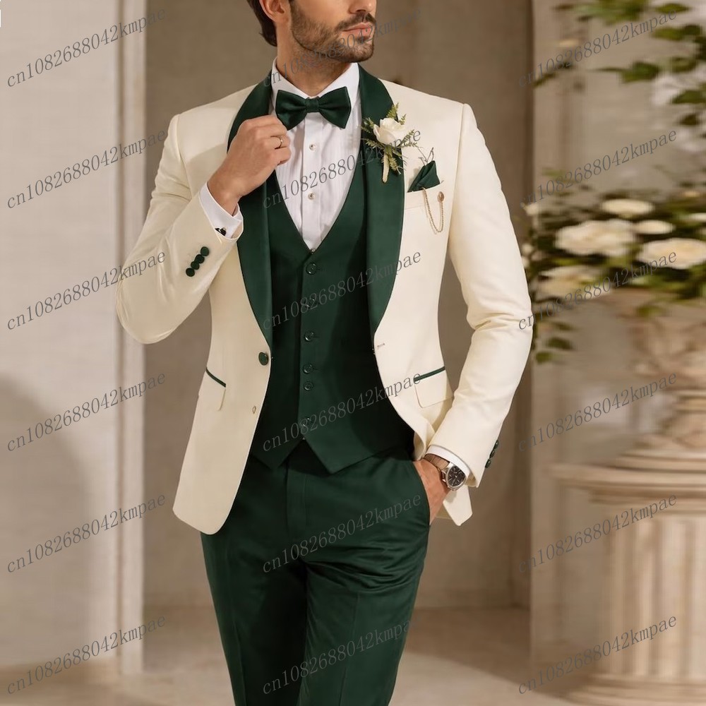 Men'S Formal Wear For A Wedding - New Ivory And Dark Green Formal