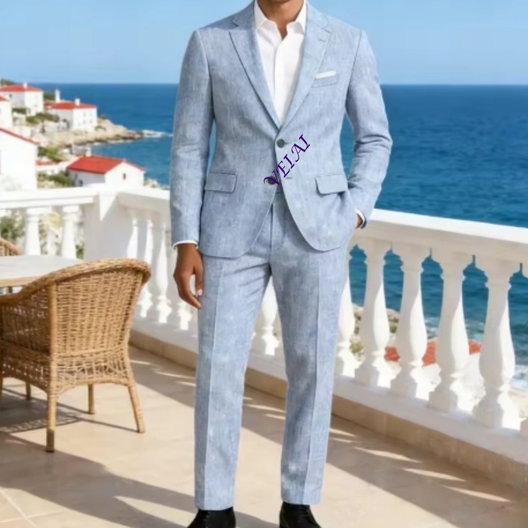 Customized Soft Sky Blue Linen - Men'S Formal Wear For A Wedding ulasan dan harga